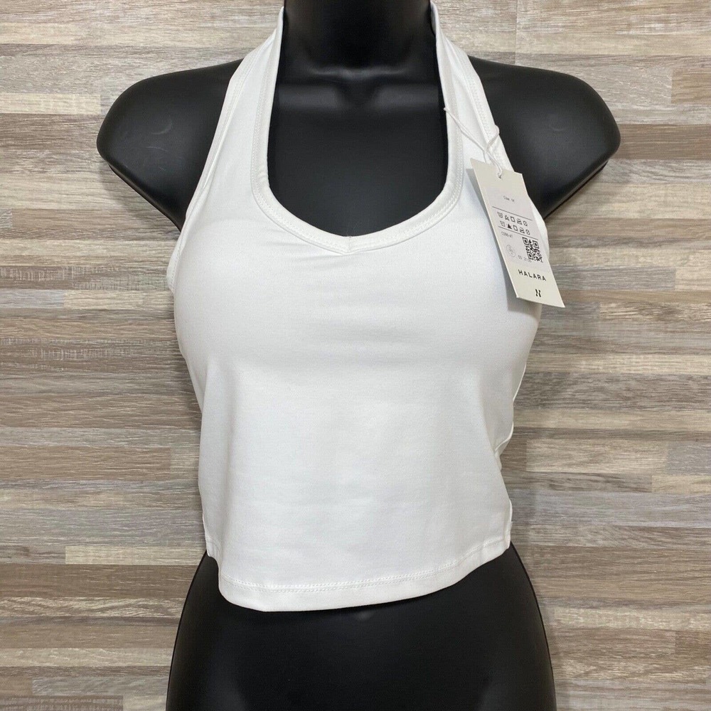 Halara Women's Medium White V-Neck Halter Cropped Workout Tank with Shelf Bra